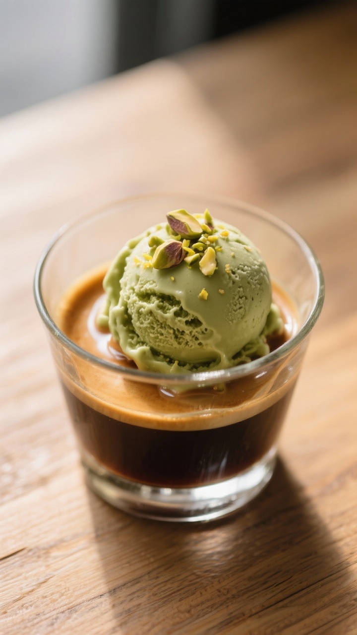 Serving suggestion — affogato pairing: Overhead shot of a single generous scoop of pistachio ice c