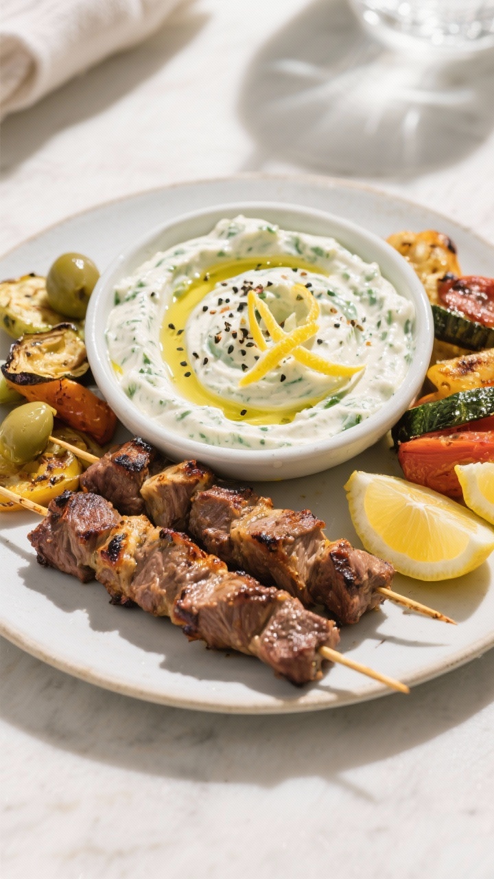 Serving suggestion hero shot: Overhead mezze plate featuring a generous swoop of keto tzatziki as th
