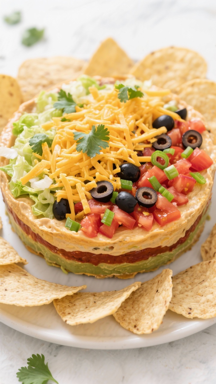 Tasty : fully assembled Layered Taco Dip, overhead shot showcasing clear, colorful layers topped wit