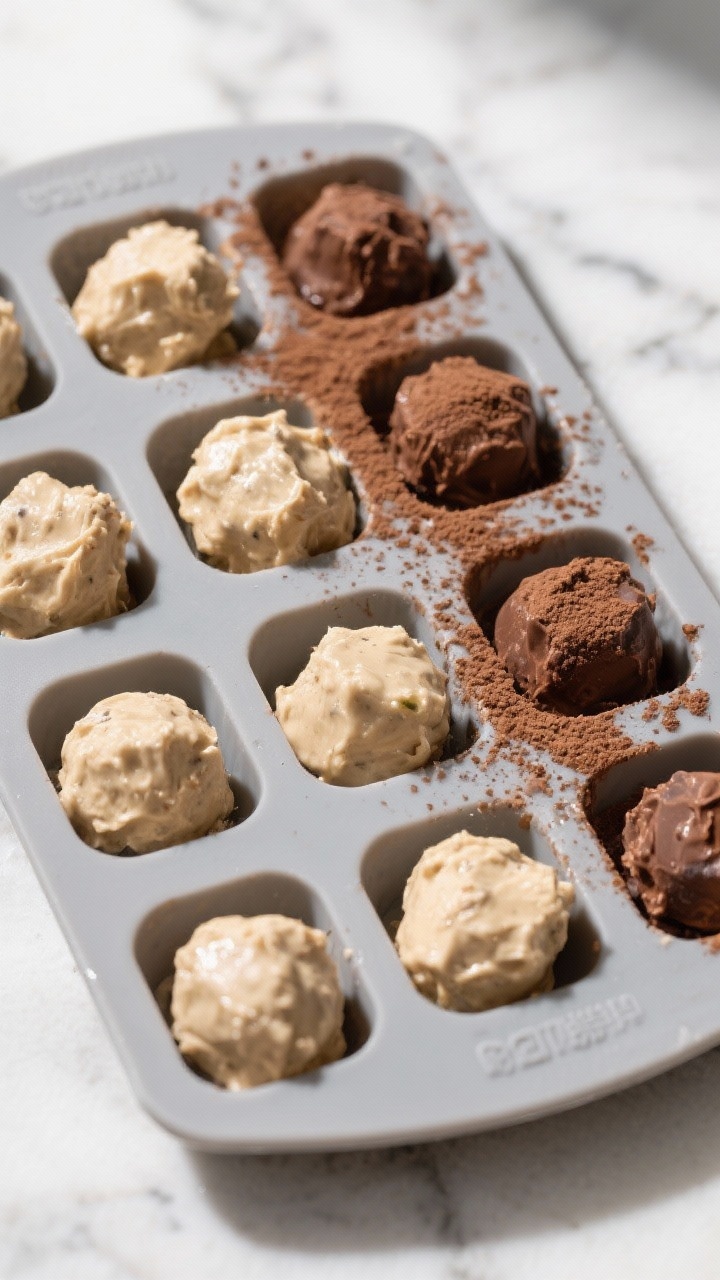Tasty : Overhead shot of a silicone mini-mold tray filled evenly with the fat bomb mixture (tapped l
