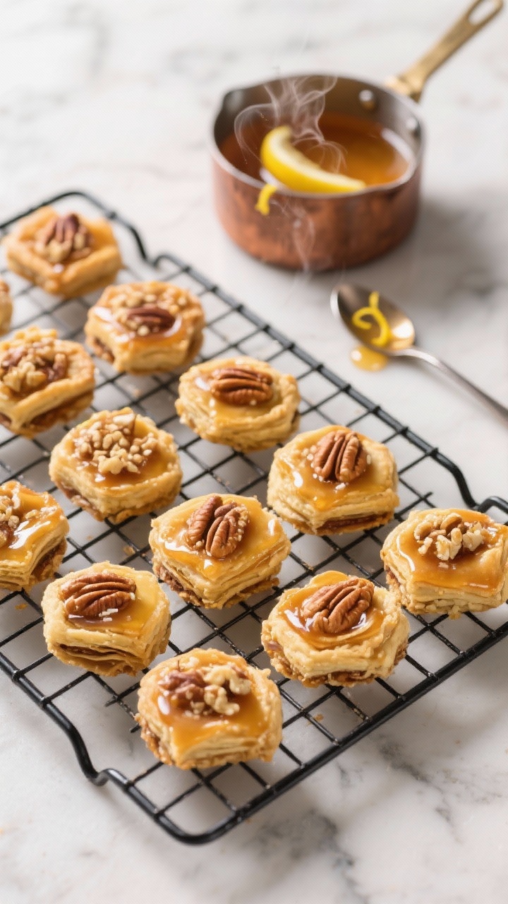 Tasty top-down cooling rack scene: a dozen syruped baklava cookies cooling on a black wire rack, syr