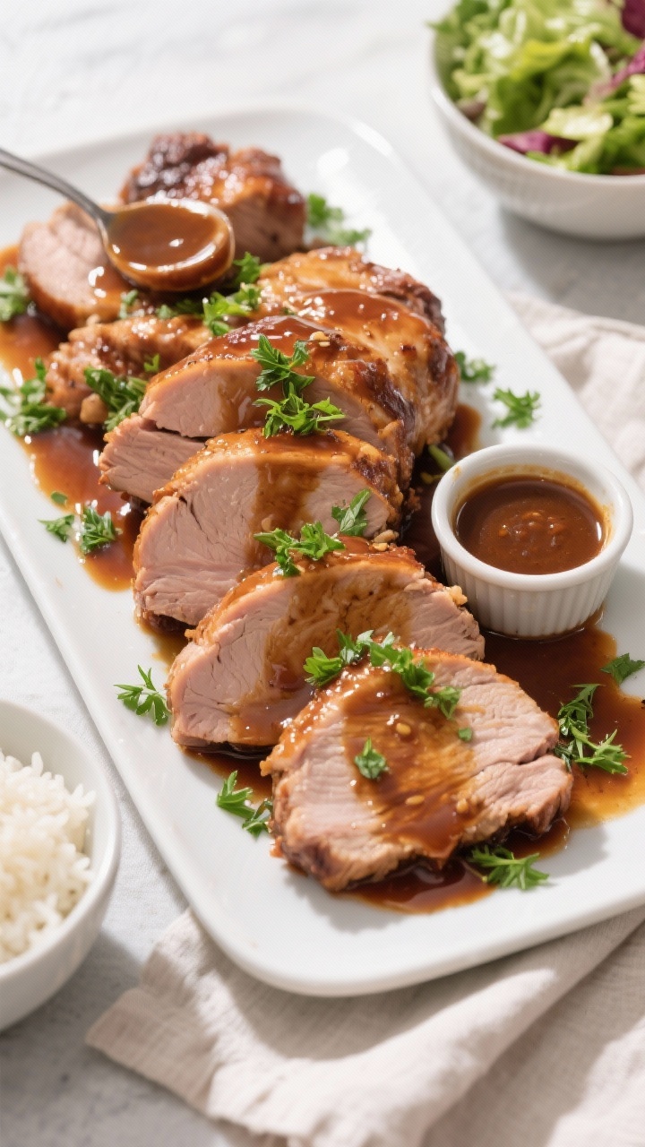 Tasty top-down serving scene: Overhead shot of a family-style platter piled with sliced pork tenderl