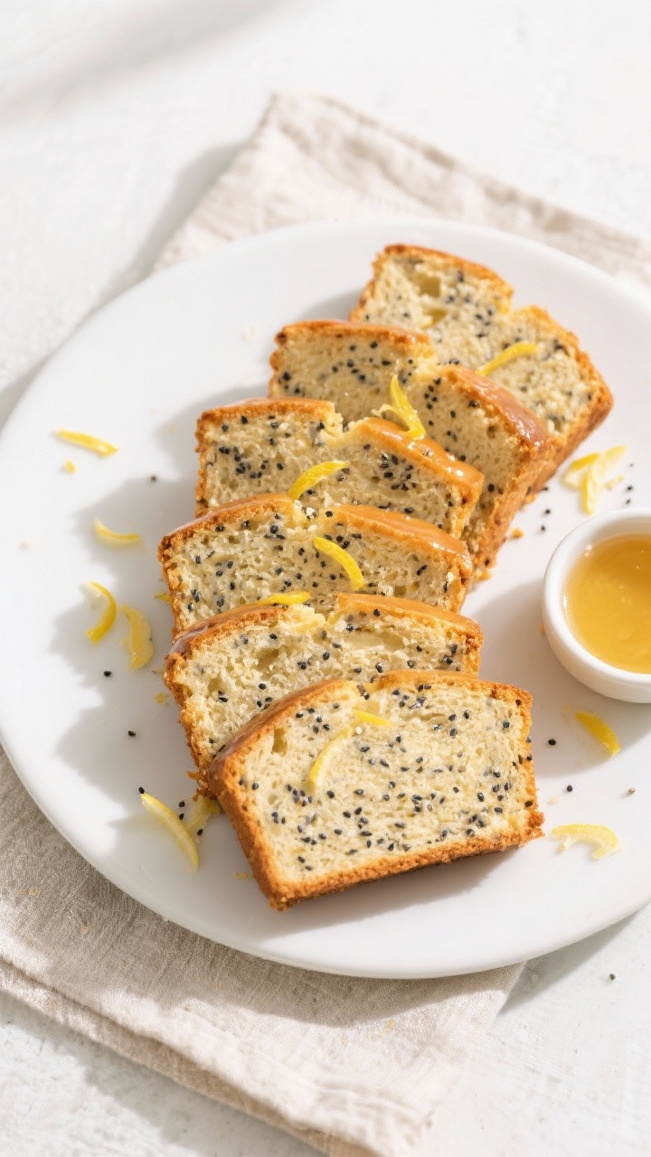 Tasty top-down slice presentation: Overhead shot of several cleanly cut slices of lemon poppy seed l