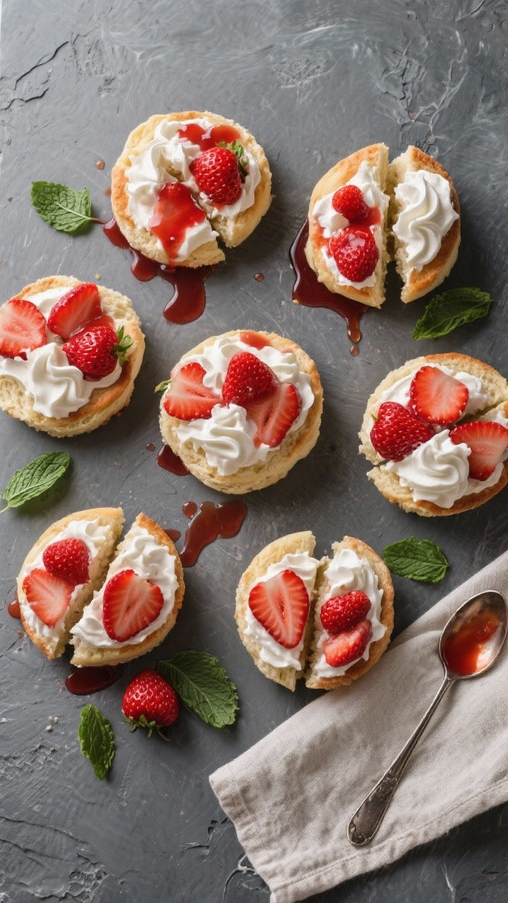 Tasty top view: Assembled strawberry shortcakes for serving—six individual portions on a slate-gra