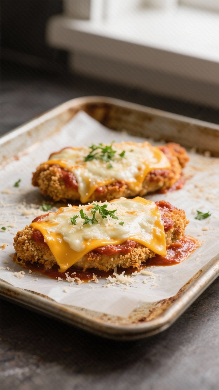 Tasty top view: Baking tray fresh from the oven with two Chicken Parmos topped with a bubbling blend