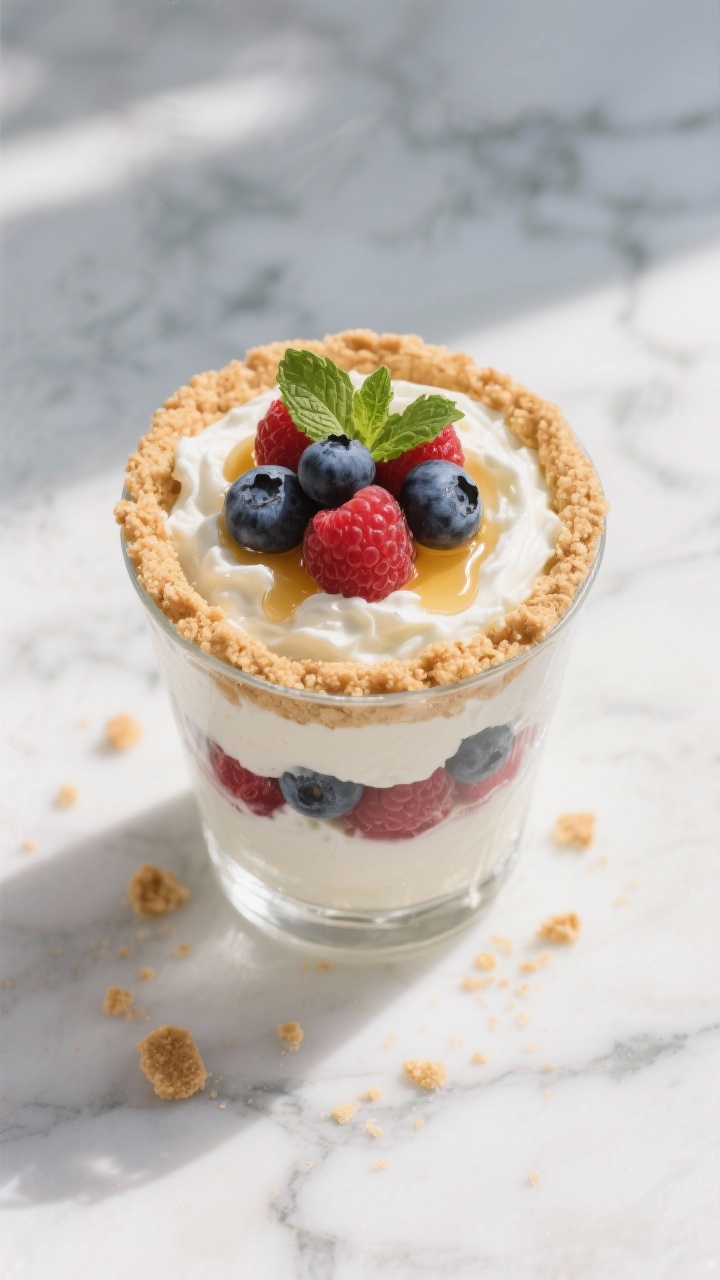 Tasty top view: Berry “cheesecake” theme—overhead shot of whipped cottage cheese in a clear tu