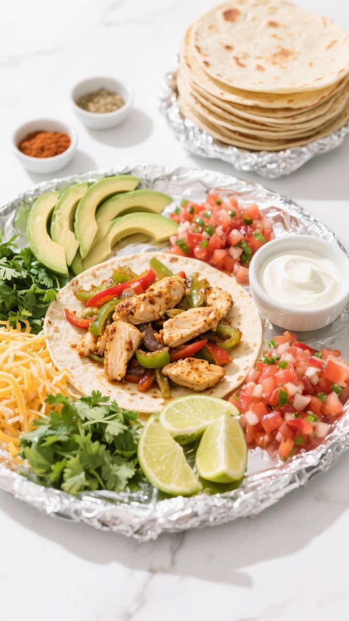 Tasty top view, build-your-own spread: Overhead shot of a warm tortilla station with cooked chicken 
