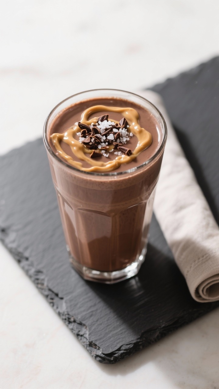 Tasty top view – Chocolate Peanut Butter variation: Overhead shot of a rich chocolate protein milk