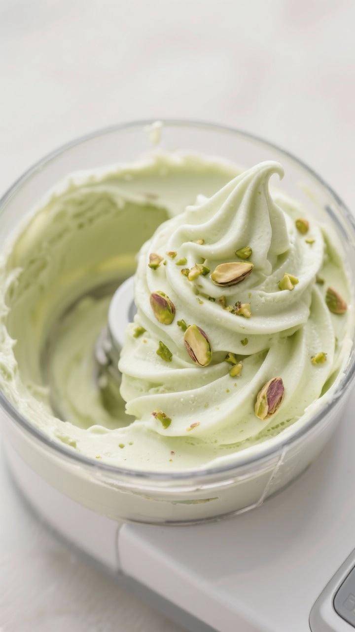 Tasty top view — churning to soft-serve: Overhead shot of freshly churned pistachio ice cream in t