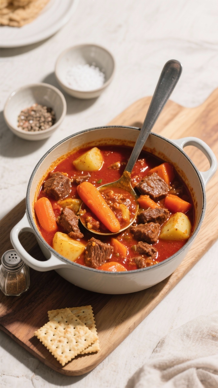 Tasty top view — Family-style serving: Top-down hero shot of a large enamel pot of finished stew o