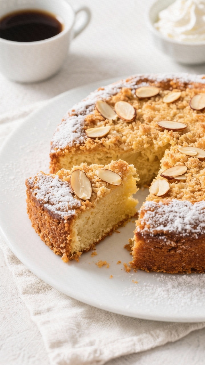 Tasty top view: Final almond crumb cake cooled and dusted lightly with powdered sugar, photographed