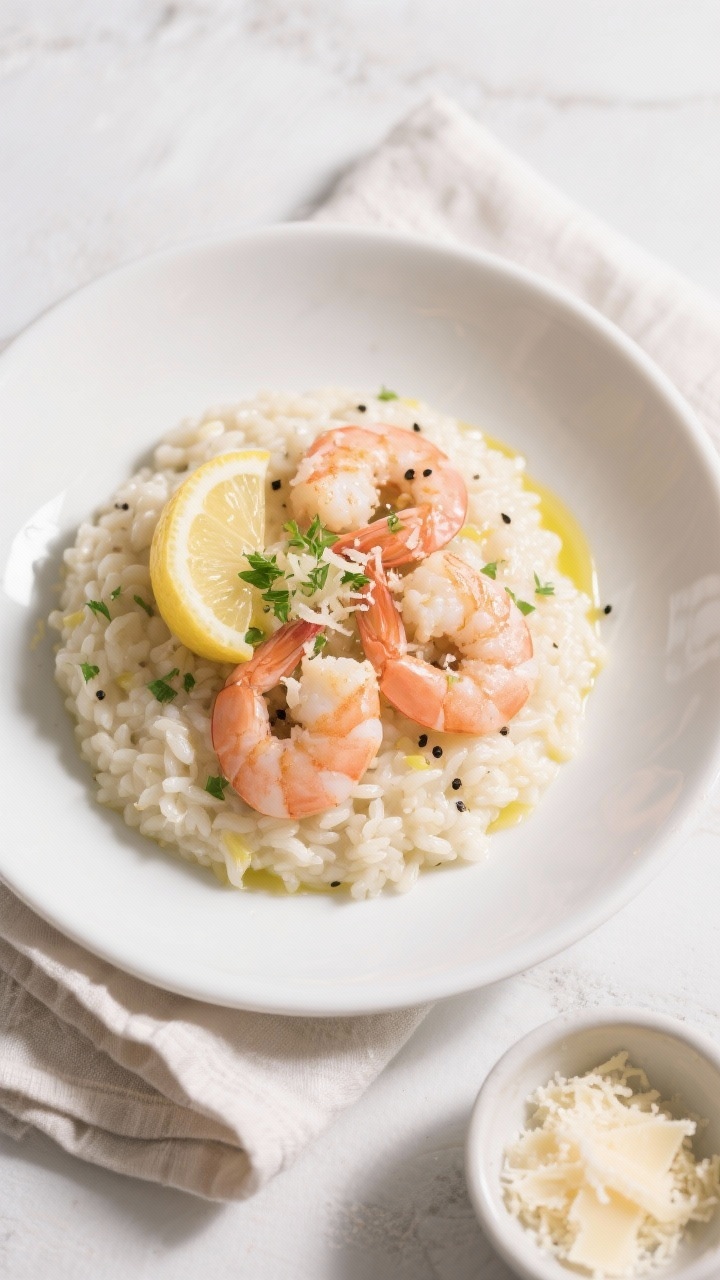 Tasty top view: Final plated keto risotto with Lemon Garlic Shrimp variation, overhead shot. Mounded
