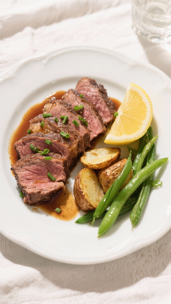 Tasty top view — Final plated: Overhead shot of London broil slices arranged in a semicircle on a 