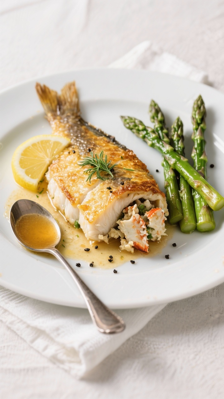 Tasty top view: final plated stuffed flounder on a matte white plate with a spooned ring of pan sauc