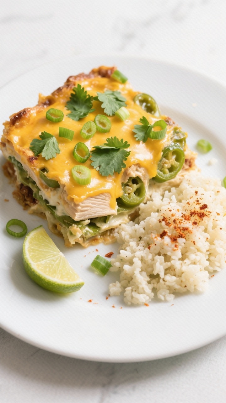 Tasty top view final presentation: Overhead shot of a plated serving of keto green chili chicken cas