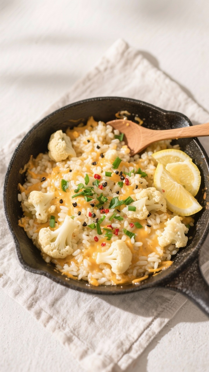 Tasty top view — final skillet: Overhead shot of cheesy cauliflower rice finished in the pan, crea