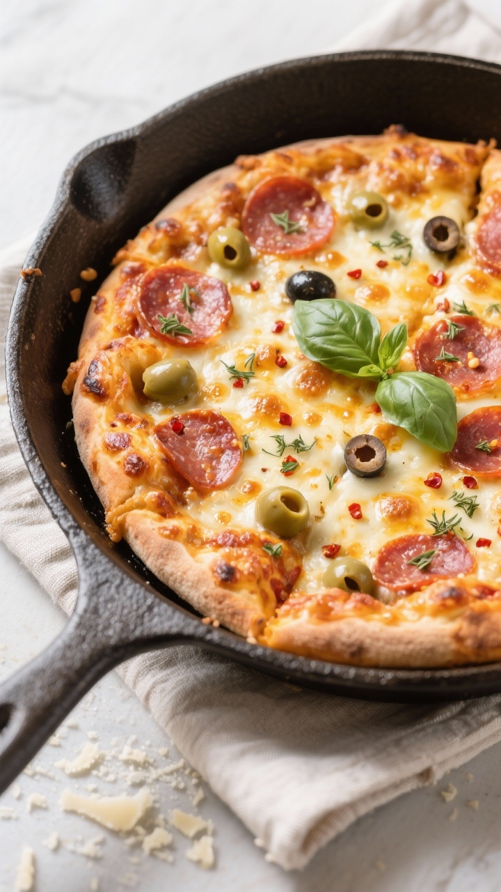 Tasty top view: Final skillet pizza just uncovered, cheese fully melted and bubbly with light golden