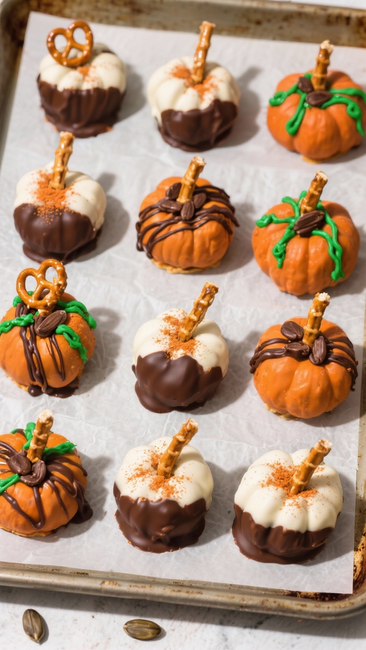 Tasty top view: Finished Peanut Butter Pumpkins arranged in a casual grid on a parchment-lined sheet