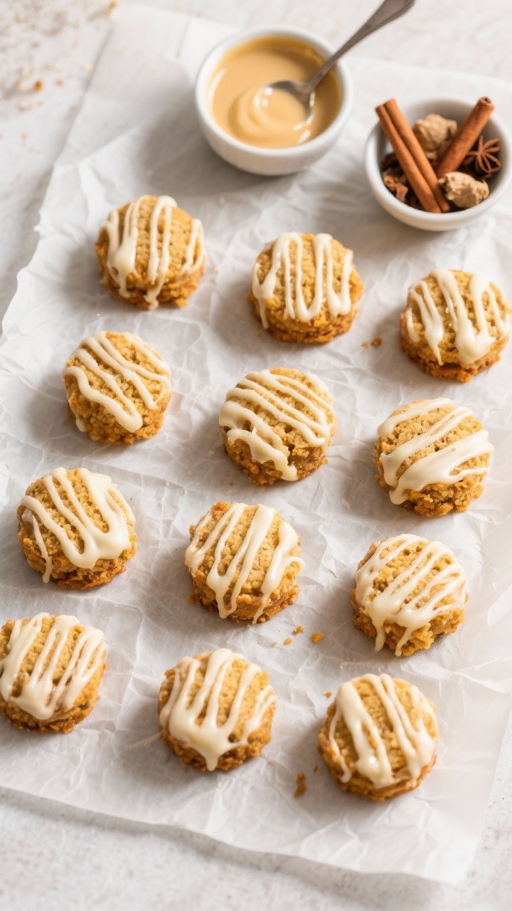 Tasty top view: Flat-lay of a batch of mini carrot cake cookie bites arranged in a casual grid on pa