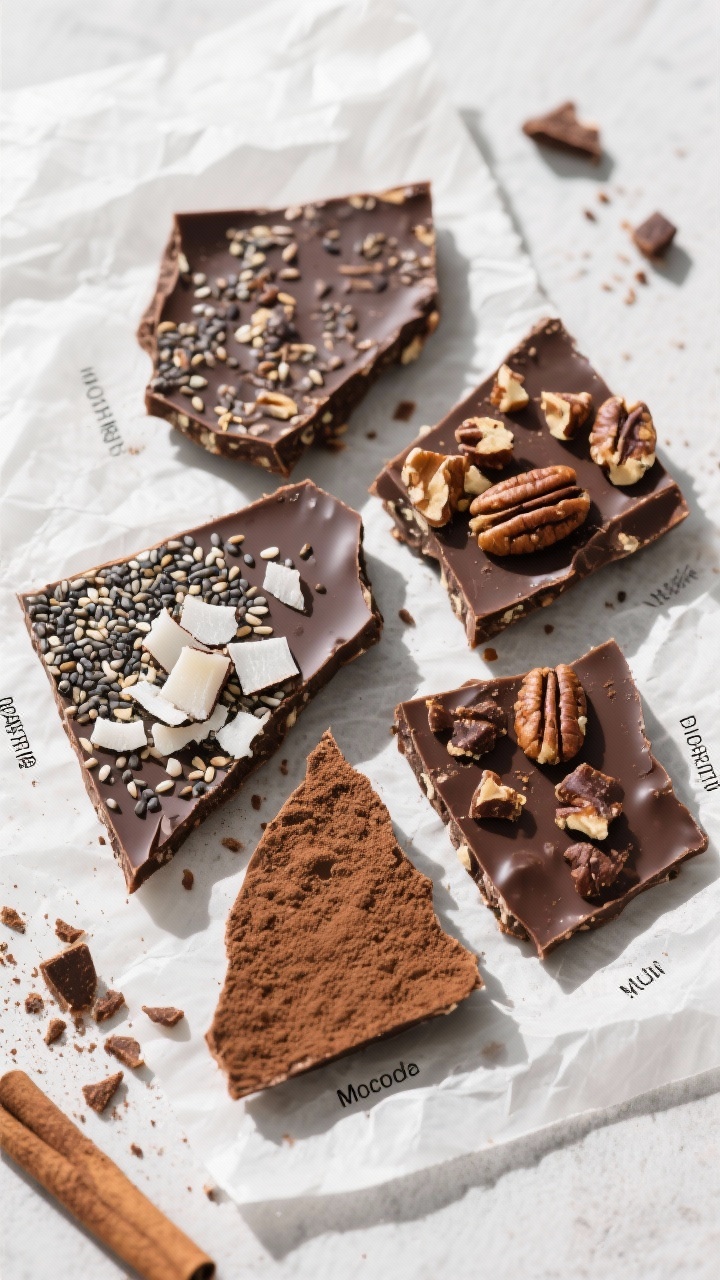 Tasty top view: Flat lay of bark-style pieces broken into irregular shards, showcasing variety: some