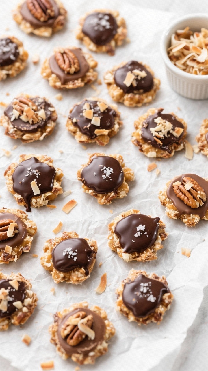 Tasty top view: Flat-lay of finished Toasted Coconut Toffee Pecan Turtles arranged in a loose grid o