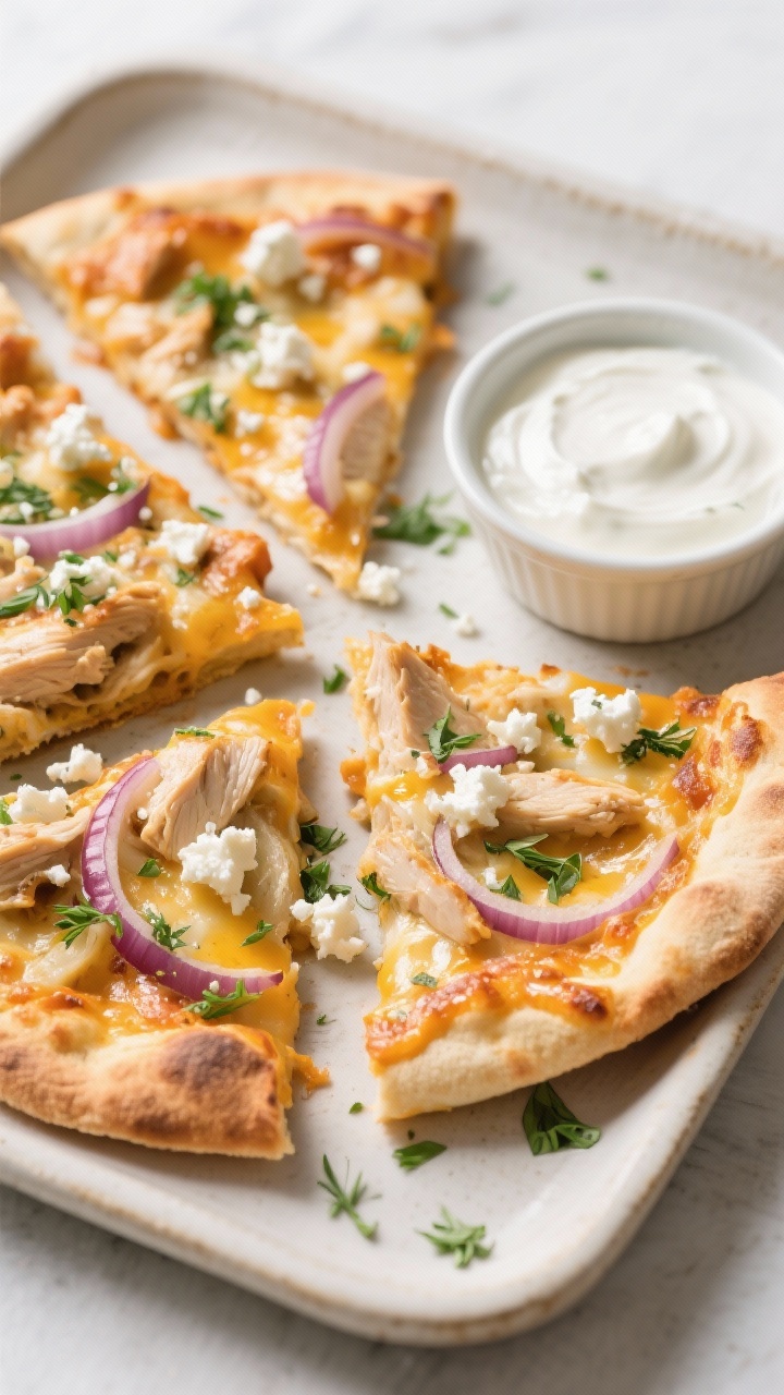 Tasty top view: Freshly baked Zesty Chicken Onion Flatbreads straight from the oven, cheese melted a
