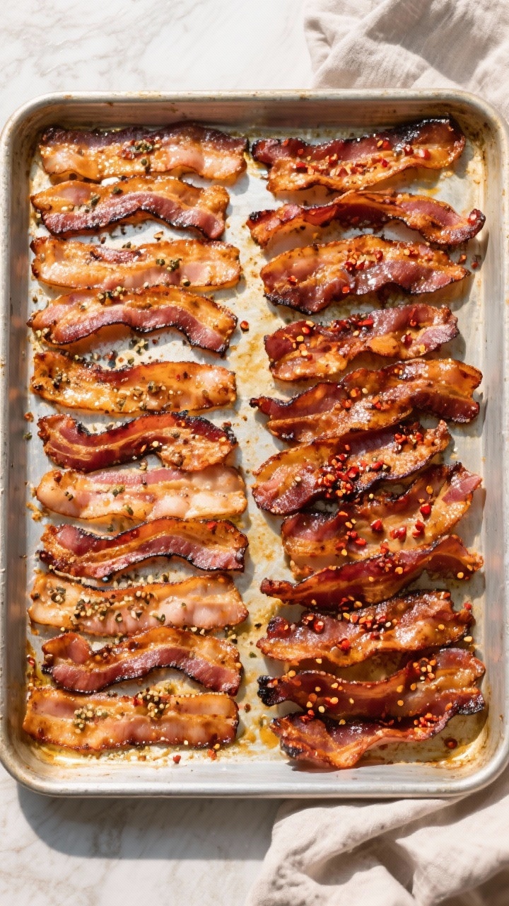 Tasty top view: Full sheet-pan batch of finished broiled bacon, evenly spaced strips showing a spect