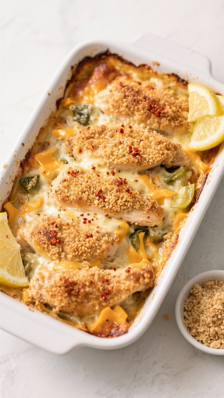 Tasty top view: Fully assembled Chicken Divan in a 9x13 white baking dish straight from the oven, ov