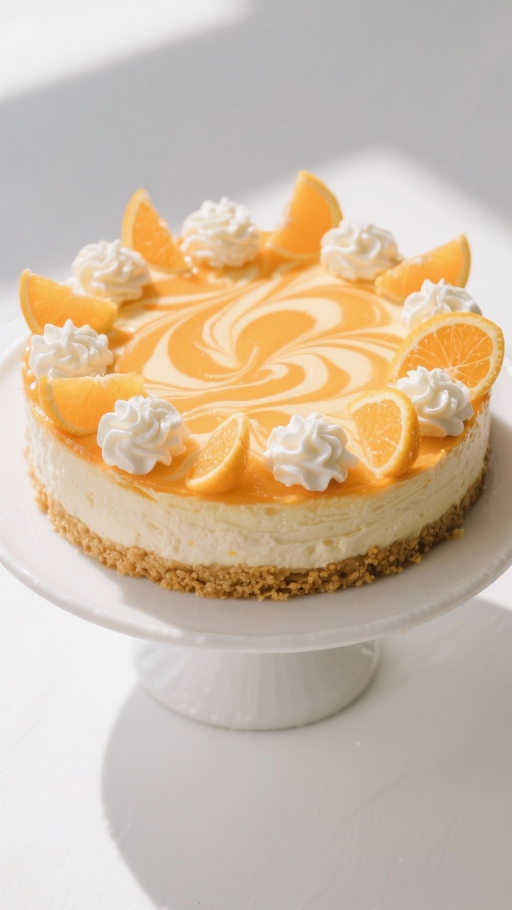 Tasty top view: Fully baked and chilled Orange Creamsicle Cheesecake on a cake stand, overhead angle