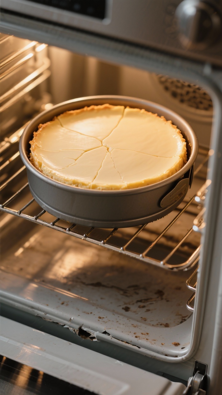 Tasty top view: Fully baked mascarpone cheesecake cooling with the oven door cracked—pan resting o