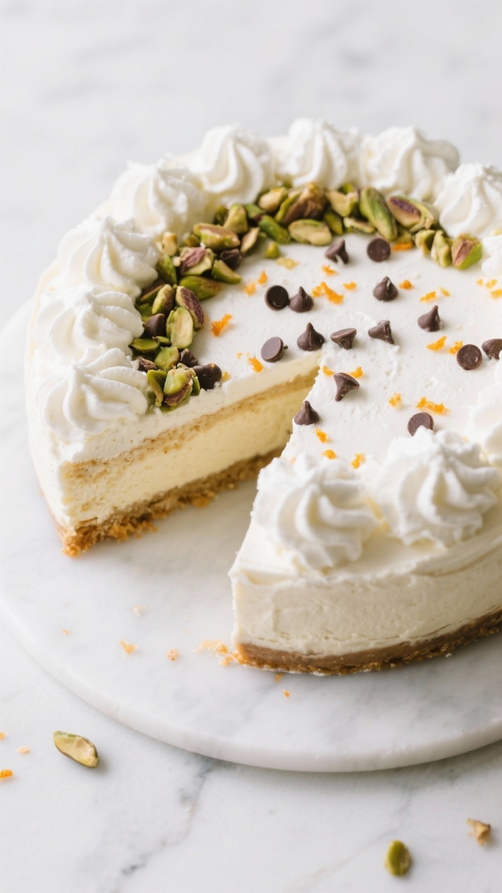 Tasty top view: Fully chilled cannoli cheesecake removed from the ring, topped with soft-peak swirls