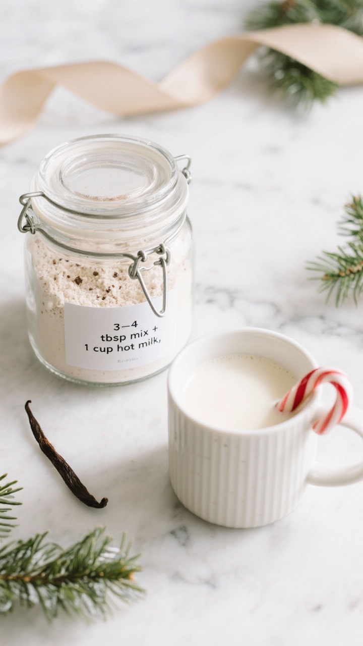 Tasty top view: Gift-ready jar scene showing the prepared white hot chocolate mix packed in a clear