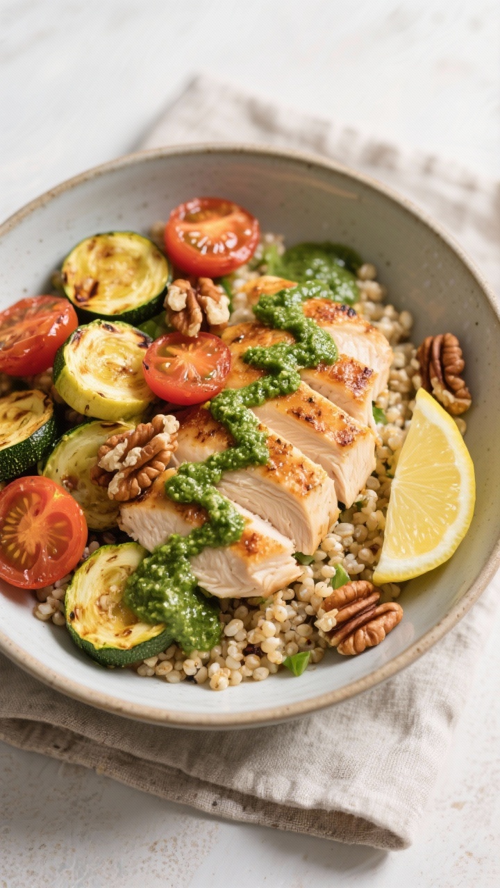 Tasty top view — grain bowl drizzle: Overhead shot of a composed quinoa bowl topped with roasted v