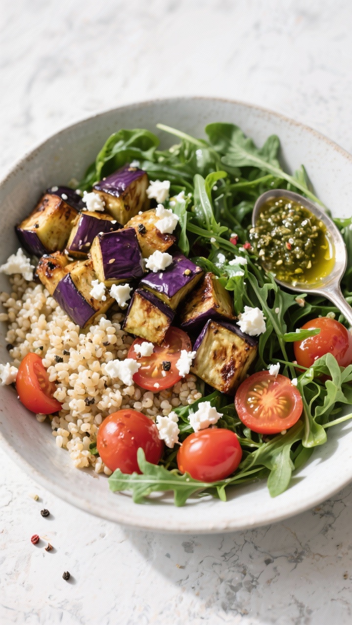 Tasty top view: Grain bowl with roasted eggplant cubes layered over fluffy quinoa, cherry tomatoes,