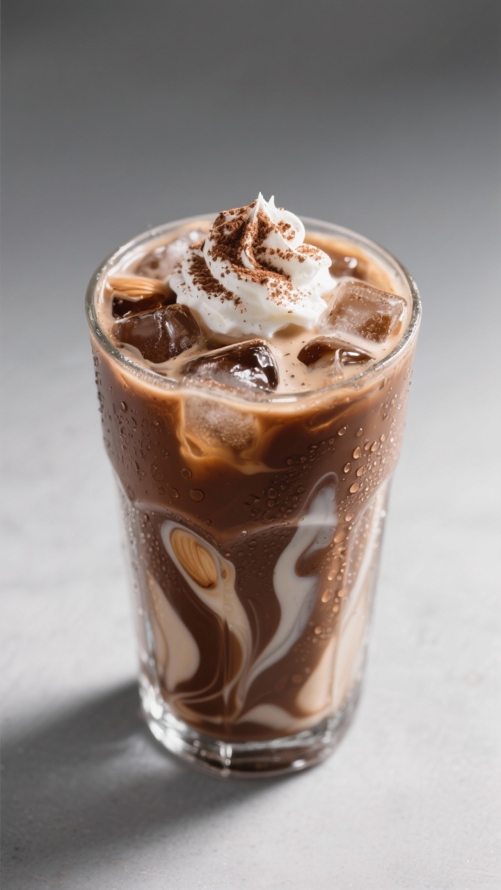 Tasty top view (iced): Overhead shot of an iced blended mocha in a tall clear glass, glossy, chocola