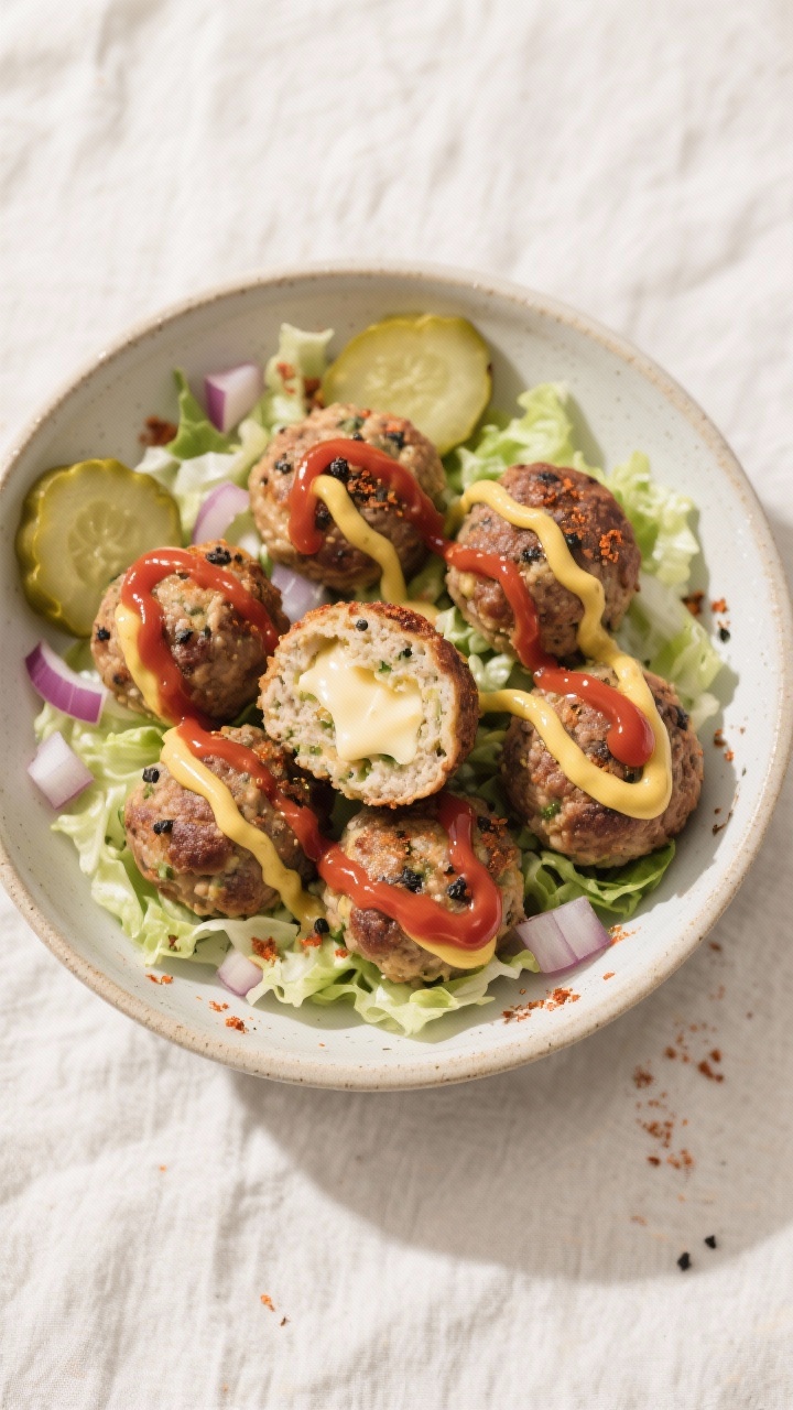 Tasty top view: Low-carb bowl—overhead shot of burger balls served over shredded lettuce with fine