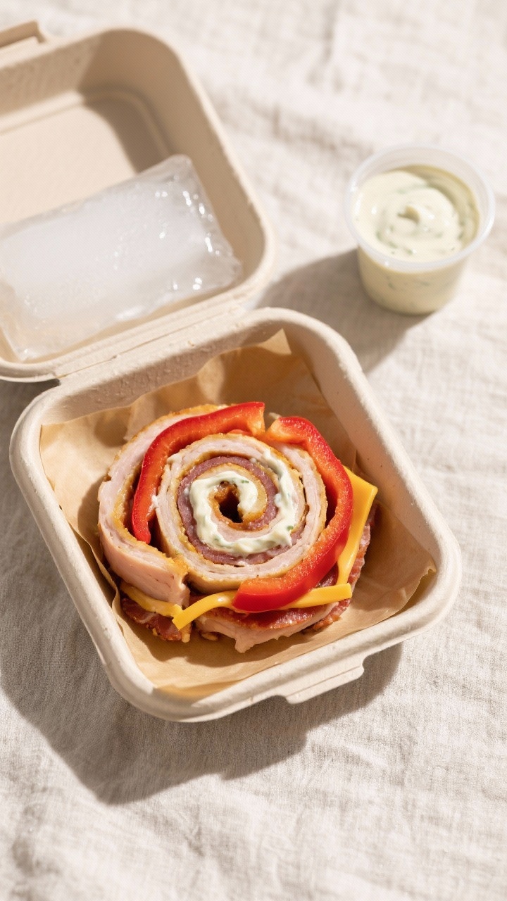 Tasty top view: Lunchbox-ready scene featuring a single layer of Turkey Bacon Ranch Pinwheels nestle