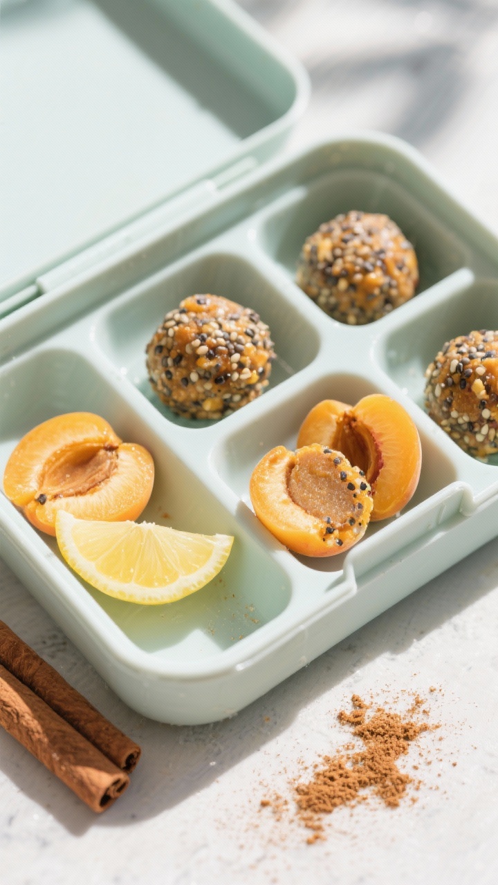 Tasty top view: Lunchbox-style overhead scene with compartments neatly filled with chilled apricot b