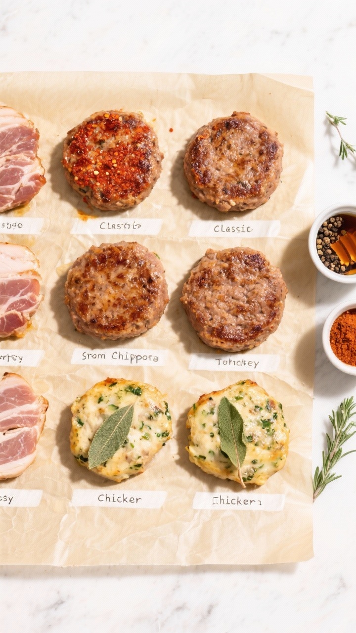 Tasty top view: Meal-prep layout of cooked sausage patties (mix of pork and lean turkey) cooled and 