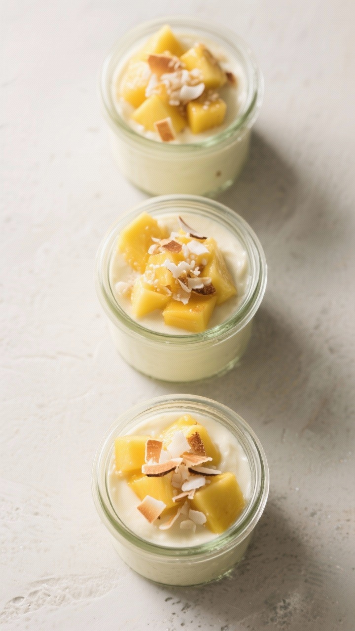 Tasty top view: Meal-prep lineup of three tropical protein puddings set in small jars—creamy vanil