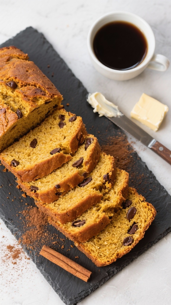 Tasty top view: Neatly fanned slices of pumpkin bread on a dark slate board, showing even crumb with
