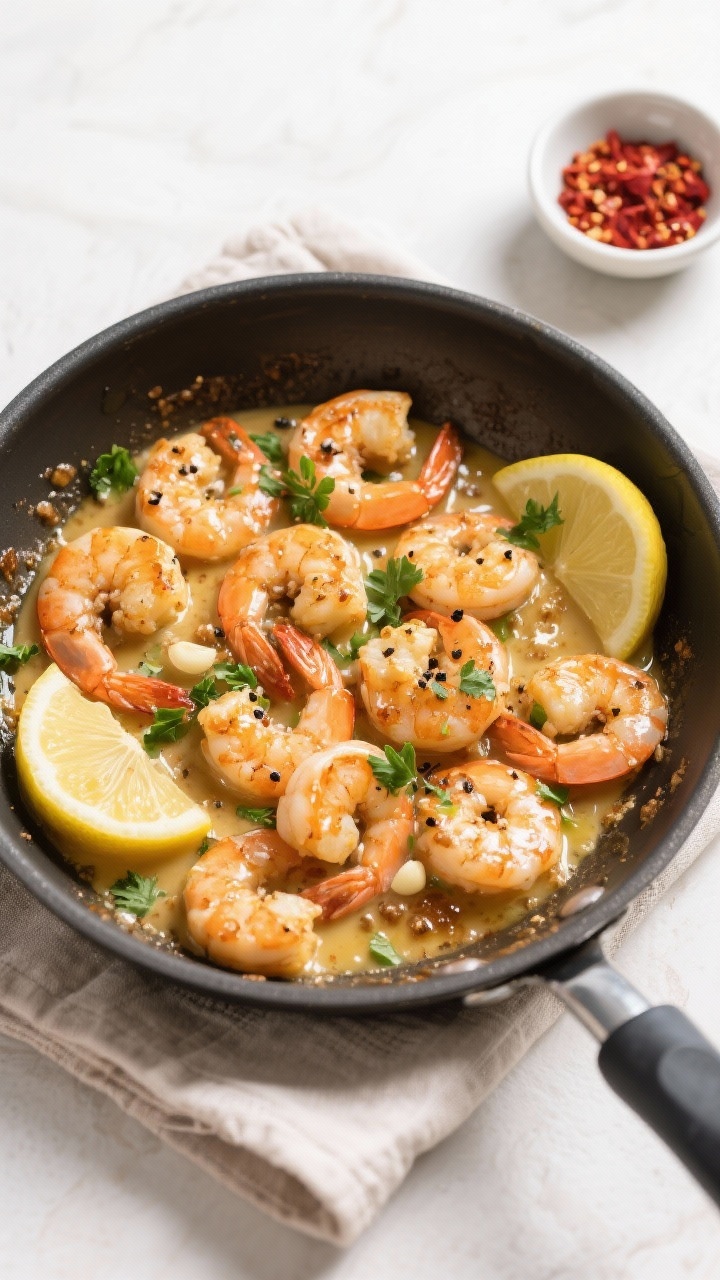 Tasty top view — One-pan keto shrimp: Overhead shot of finished shrimp tossed in glossy garlic-lem
