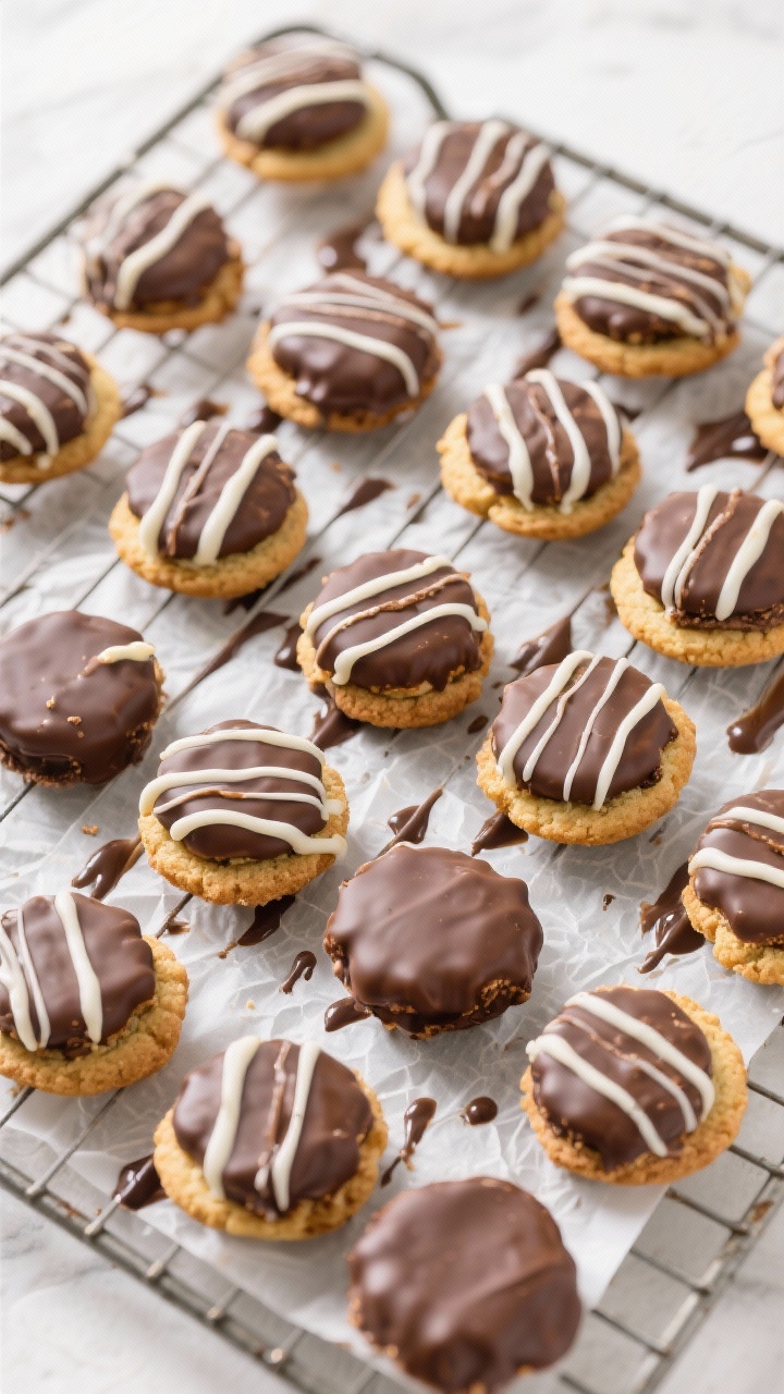 Tasty top view: Overhead arrangement of a cooling rack filled with fully set Tagalong cookies, some