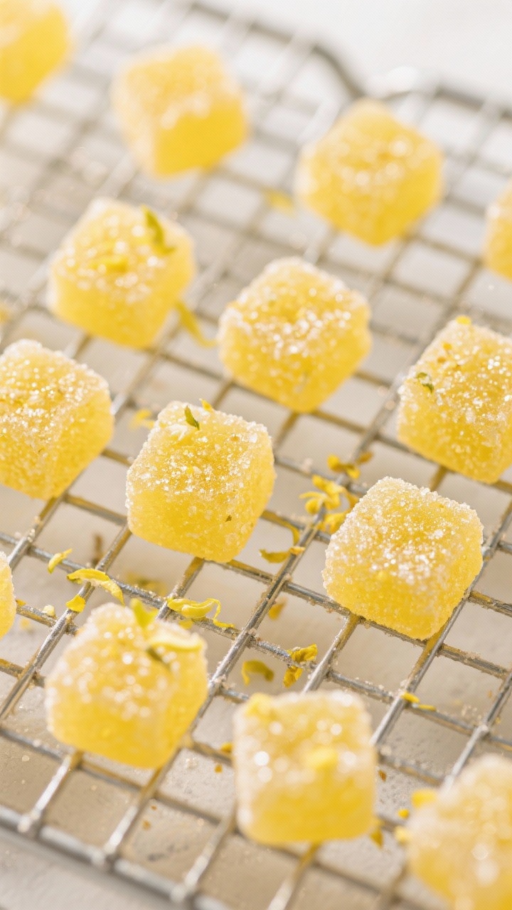 Tasty top view: overhead arrangement of uniform gumdrop squares after coating and curing on a wire r