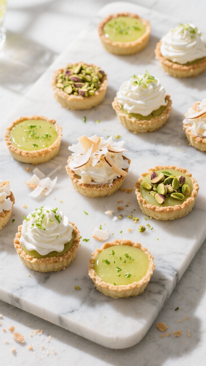 Tasty top view: Overhead board of assorted garnished tartlets showcasing variations—some with whip