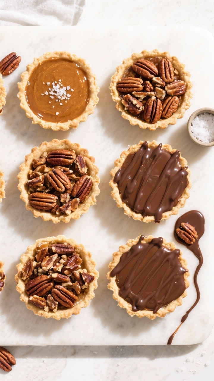 Tasty top view: Overhead board of assorted pecan pie tart variations—classic, maple with a pinch o