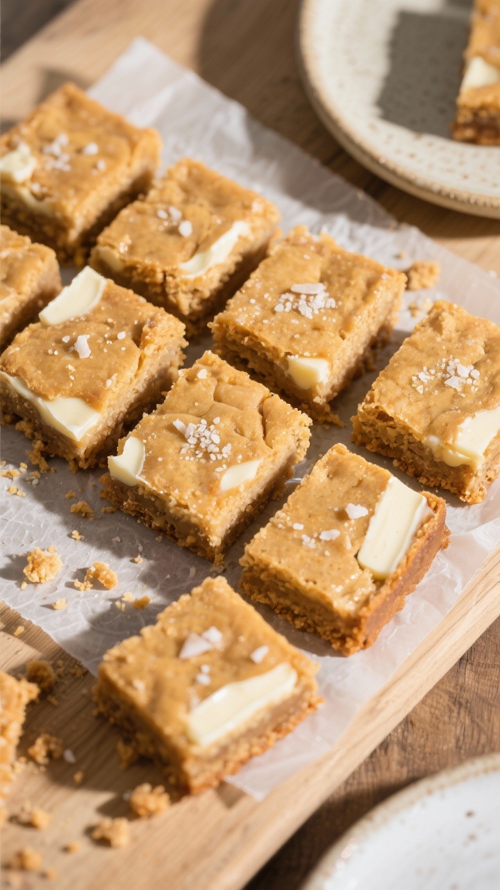 Tasty top view: Overhead board scene of sliced blondie squares arranged slightly offset, showing che