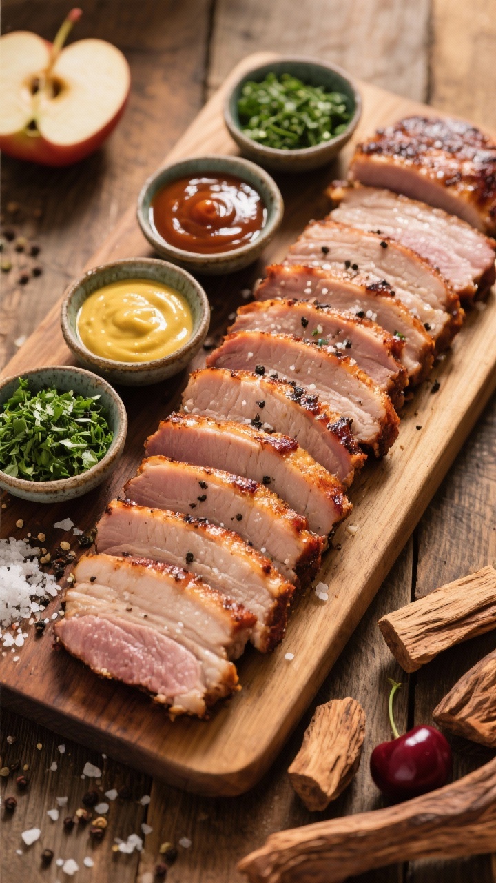 Tasty top view: Overhead board spread of smoked pork loin slices arranged in neat rows to showcase e