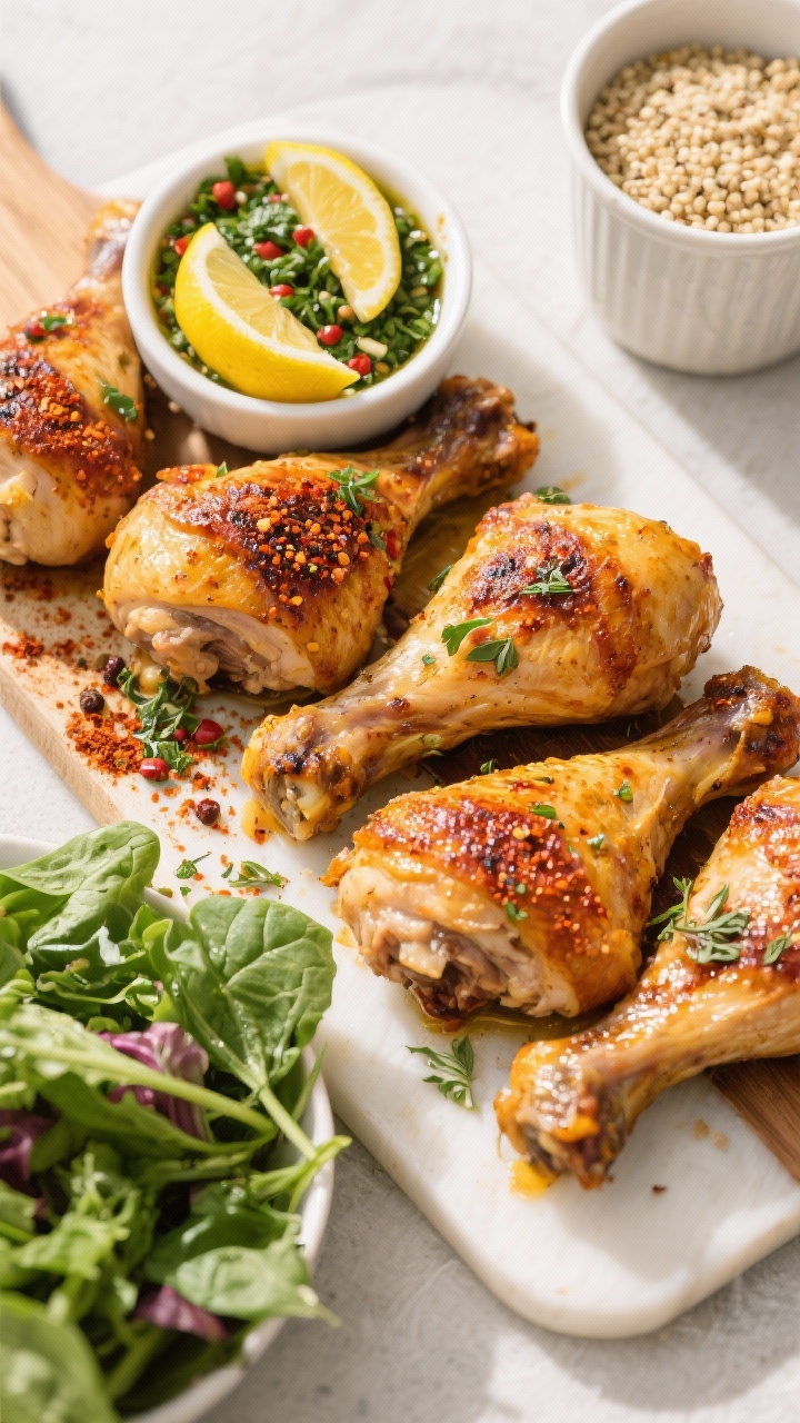 Tasty top view: Overhead board-style spread for meal prep—several whole thighs with burnished, car