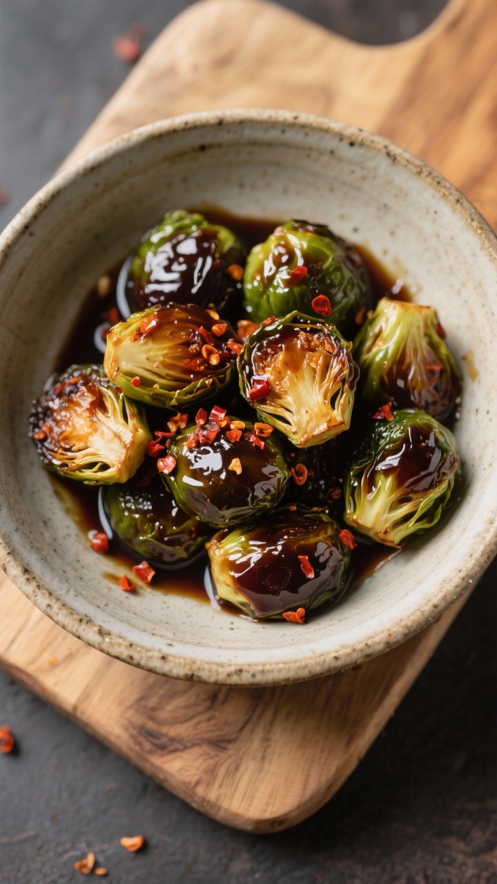 Tasty top view: Overhead bowl of Balsamic Honey–glazed roasted Brussels sprouts, glossy and lacque
